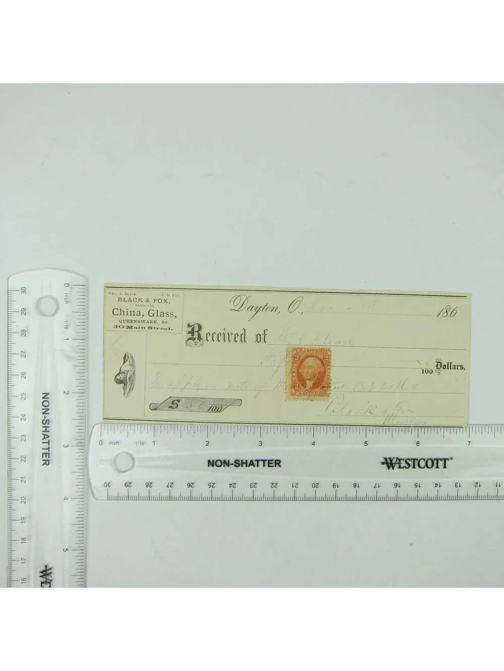 1868 Promissory Note & Two Cent Revenue Stamp Black & Fox Dayton Ohio Antique